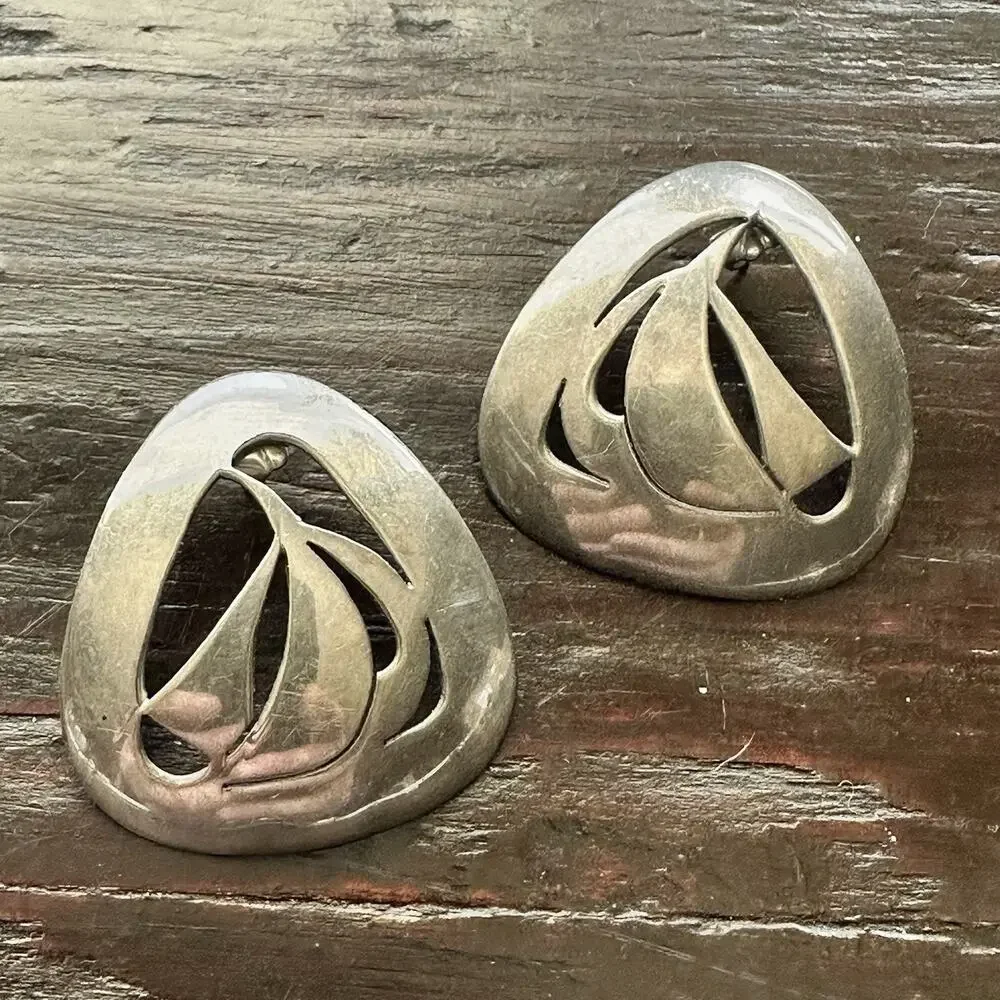 Modernist Sterling Silver Sailboat Earrings Pierced Signed